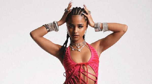 A woman with braided hair, channeling US Afrobeats vibes, wears a bright pink cutout dress and silver bracelets and necklaces, posing with her hands on her head against a plain background.