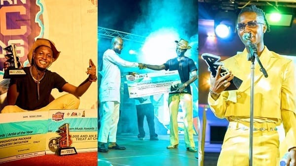 Three images show a man holding trophies and a large check at the Eastern Music Awards 2025 in Koforidua, Ghana, smiling and posing proudly on stage and backstage.