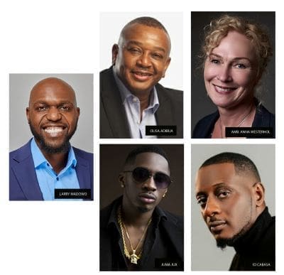 A collage of five individual headshots, each labeled with a name: Larry Madowo, Olisa Adibua, Annahnna Westrhol, Ajuni Jax, and DJ Causa—key figures at the Africa Music Business Summit by AFRIMA.