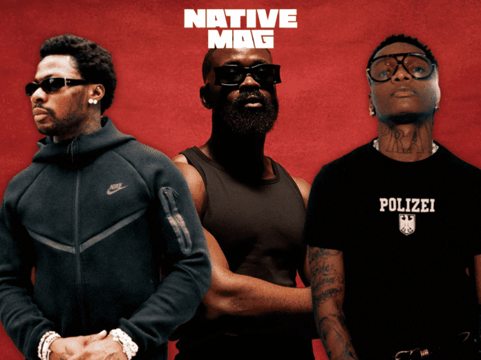BNM-FI.png Three men wearing sunglasses and dark clothing stand in front of a red background with "NATIVE MAG" written above them in white text, spotlighting Sarz and his crew as they celebrate their Best New Music feature.