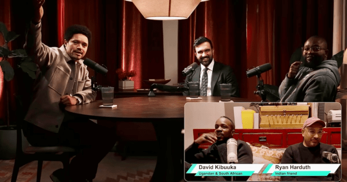 Four men sit around a round podcast table with microphones. Inset shows two additional men talking in a different setting, labeled "David Kibuuka" and "Ryan Harduth," discussing topics like Trevor Noah and African roots.