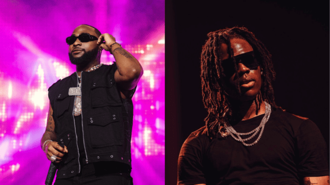 Two men, reminiscent of hitmakers like Davido and Rema, wear sunglasses and jewelry as they stand against vibrant stage backgrounds—one in black with a pink-lit scene, the other in black set against a darker backdrop.