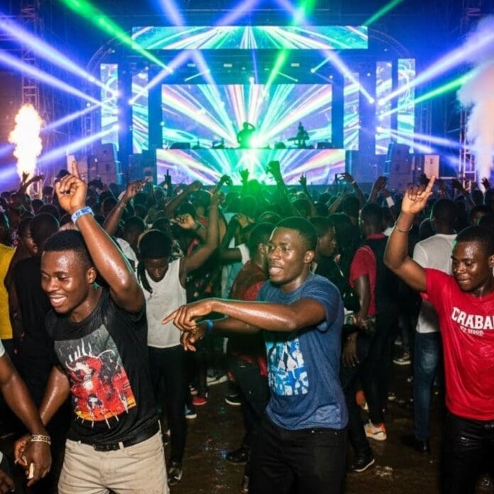A large crowd dances and enjoys a concert with colorful lights and Afrobeats as a DJ performs on stage, creating true Lagos Rave Energy in the background.