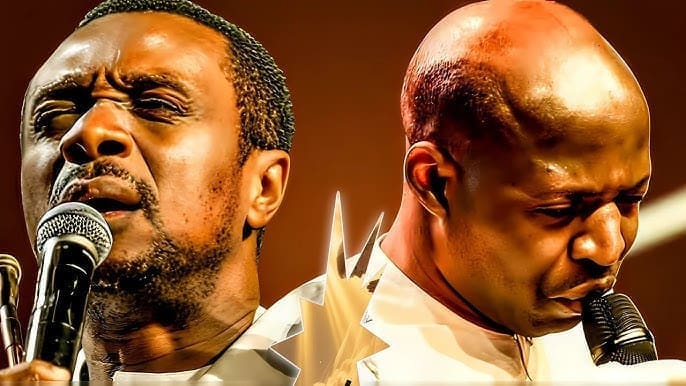 Two men, each holding a microphone, sing with closed eyes in front of a brown background, their performance inspired by African music.