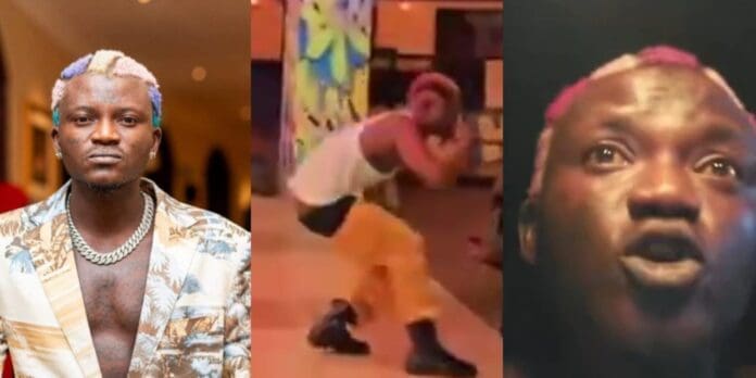 Three side-by-side images show a man with dyed hair: posing, crouching on stage while performing my song, and reacting with a surprised expression.