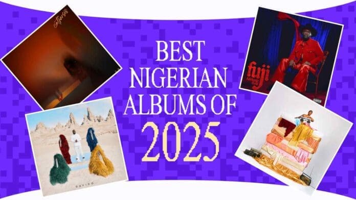 A graphic titled "Best Nigerian Albums of 2025" features four different album covers arranged around the text on a purple background, showcasing Zikoko's picks for the best albums 2025 has to offer.