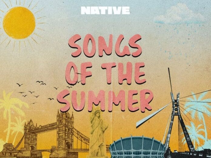 An illustrated poster for NativeMag features the text "Songs Of The Summer" with landmarks, palm trees, a bright sun, and "NATIVE" displayed at the top.