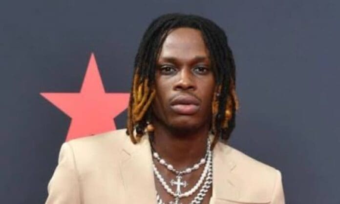 A person with medium-length dreadlocks, some dyed blonde, wearing layered necklaces and a beige jacket, stands in front of a dark background with a red star—channeling Fireboy DML vibes that fans and music ratings adore.