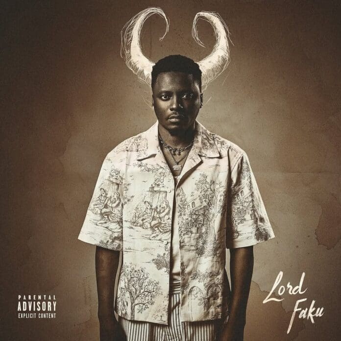 A man stands facing forward with large, illustrated ram horns above his head. The sepia-toned image reads "Lord Faku," showcasing one of 2025's standout SA Hip Hop Albums, with a parental advisory label in the corner.
