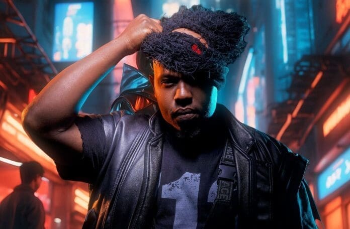 A man in a leather jacket lifts a textured mask on his head, standing in a neon-lit urban street at night, channeling the bold energy of Tulz Madala’s Amapiano debut "iMali Ikhona.