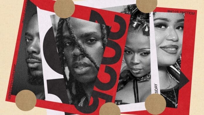 A collage of black and white portraits of four people, overlaid with red and white graphic elements and circular cutouts, evokes the vibrant style seen in Rolling Stone’s 2025 Afropop songs feature.