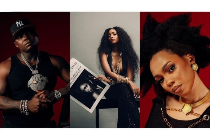 chams-pic.jpg Three individuals, including Afropop sensation Harmonize, pose separately against red and gray backgrounds in stylish outfits and jewelry; the center person holds a magazine featuring their own portrait.