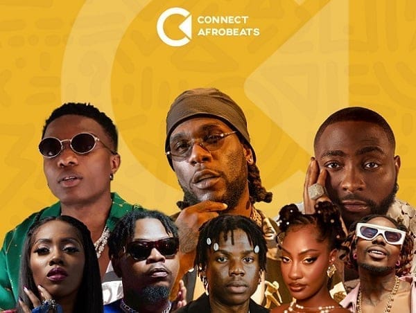 A group of seven billion-stream Afrobeats artists pose in front of a yellow background with the Connect Afrobeats logo at the top.