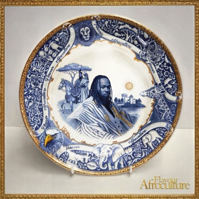 A decorative porcelain plate features a portrait of a man in traditional attire, surrounded by African animals, vibrant patterns, and the text “Flavour Afroculture,” celebrating the rich Sounds of Africa.