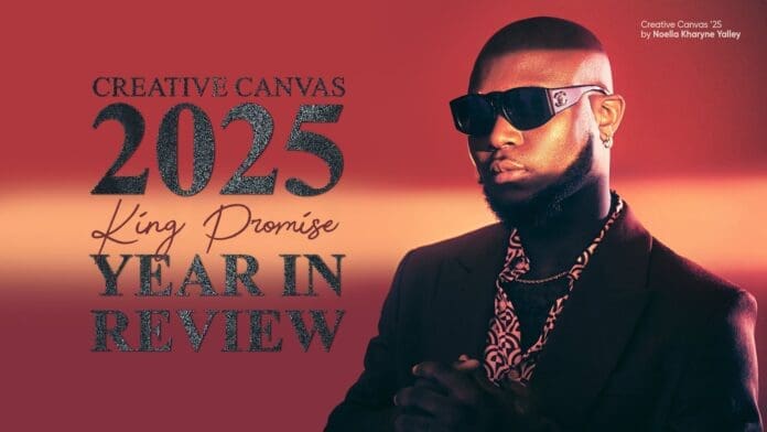 A man wearing sunglasses and a suit poses against a red gradient background, with the text "Creative Canvas 2025 King Promise Year in Review" displayed beside him, featured by MyJoyOnline.