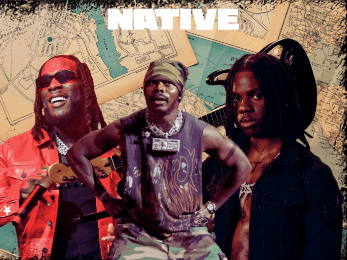 Three men pose in front of vintage maps with "NATIVE" above them—one in a red jacket, one in camouflage, and one with dreadlocks. This NativeMag feature spotlights diverse locales and rising Afropop stars.