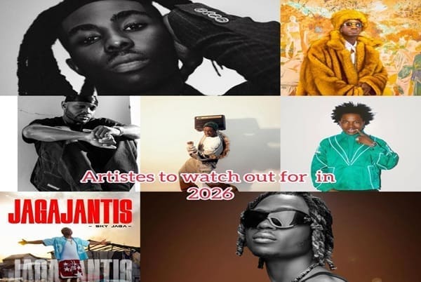A collage of six new school artistes with the text "Artistes to watch out for in 2026" in red font at the center, featured by The Nation Newspaper.