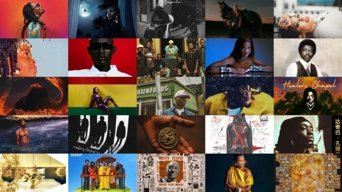 A collage of 25 album covers featuring various artists, styles, and color schemes, arranged in a 5 by 5 grid—perfect for showcasing Afrocritik’s Top 50 African Music Projects.