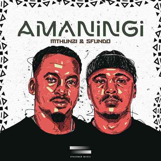 Illustrated cover art featuring Sfundo and Mthunzi, with the text "AMANINGI" above their heads and their names below, set against a white background with abstract black patterns.