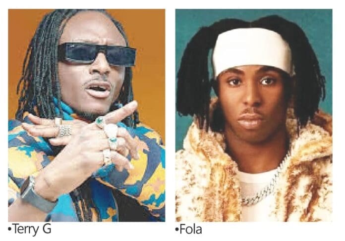 Two individuals pose separately at the Glenfiddich Experimental Night Concert: one wears sunglasses and colorful clothing, gesturing with his hands; the other sports a headband and fur coat, channeling the vibrant energy of artists like 9ice or Peruzzi.