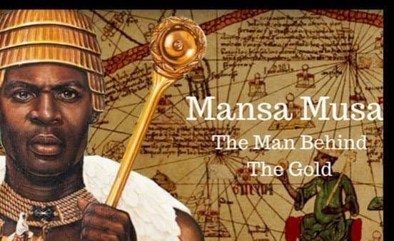 Illustration of Mansa Musa holding a golden staff, with an old map of Africa in the background and the text “Mansa Musa: The Man Behind Mali Gold.”.