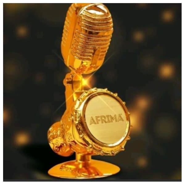 A golden trophy shaped like a microphone and drum, with "AFRIMA" engraved on the drum, honors AFRIMA winners at the 2026 All-African Music Awards.