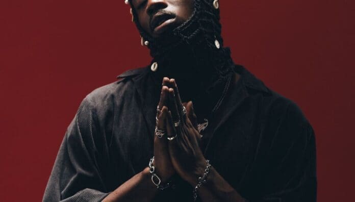 A person with braided hair adorned with beads holds their hands together in a prayer position, evoking the soulful spirit of African Songs, wearing dark clothing and jewelry, against a plain red background.