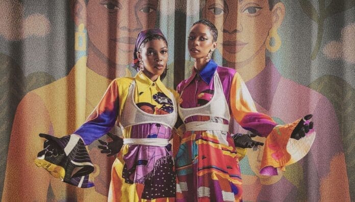 Two women in colorful, patterned outfits stand before a curtain featuring illustrated portraits of women with similar styles—celebrating the vibrant spirit seen in OkayAfrica’s Top African Songs.