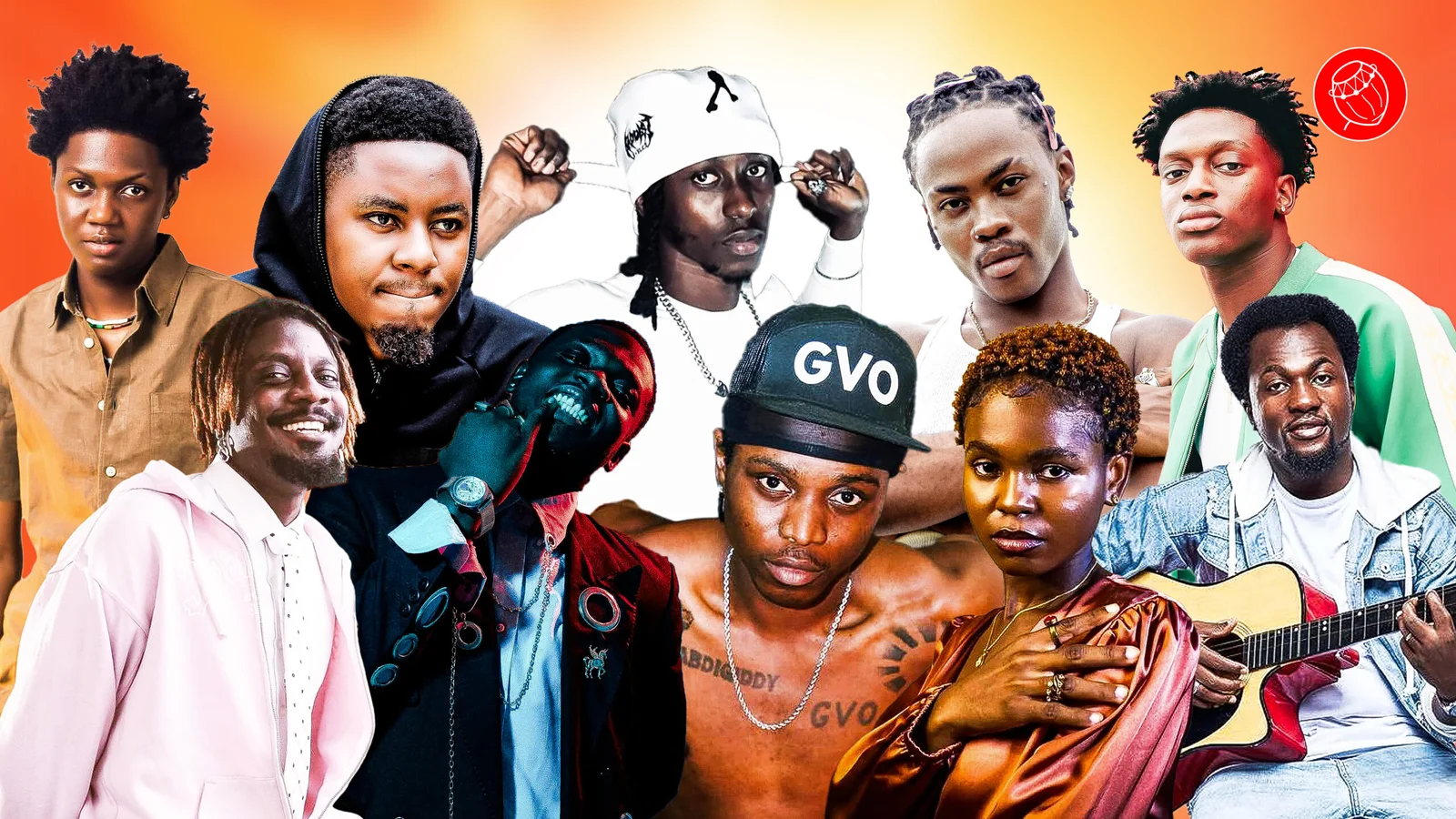 A group of young musicians—Artists to Watch in Ghana Music 2026—pose together against an orange gradient background; one holds a guitar while others stand or sit, all wearing casual and stylish clothing.