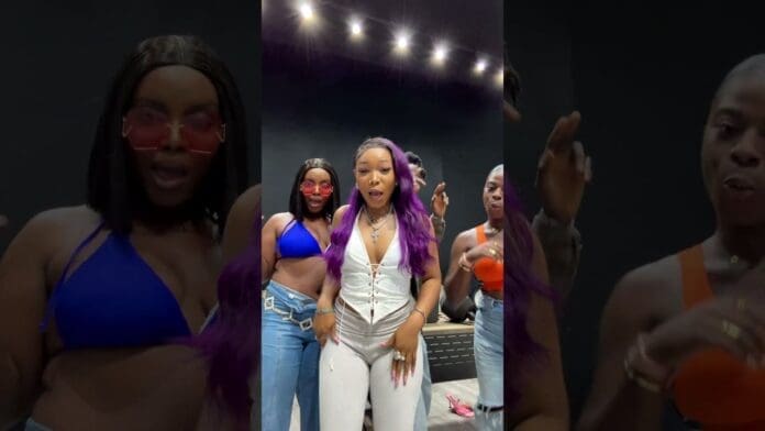 Four women pose together indoors; one in a blue bikini top and sunglasses, two in jeans and crop tops, and one in a sleeveless white outfit with long purple hair—hinting that new music might be coming soon.