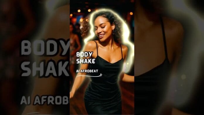 A woman in a black dress dances and smiles in a dimly lit setting. Text on the image reads: "BODY SHAKE AI AFROBEAT," highlighting the energy of Afrobeats and modern AI Afrobeat Music Production.
