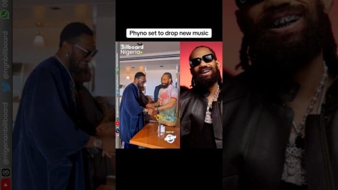 Two men greet each other with a handshake in a modern indoor setting, with text overlay stating, "Phyno set to drop new music—Ask of Me Now out soon.