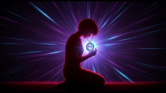 A person kneels in silhouette, holding a glowing pendant against a backdrop of radiating blue and purple light beams, evoking the vibrant energy of afrobeats songs 2025.