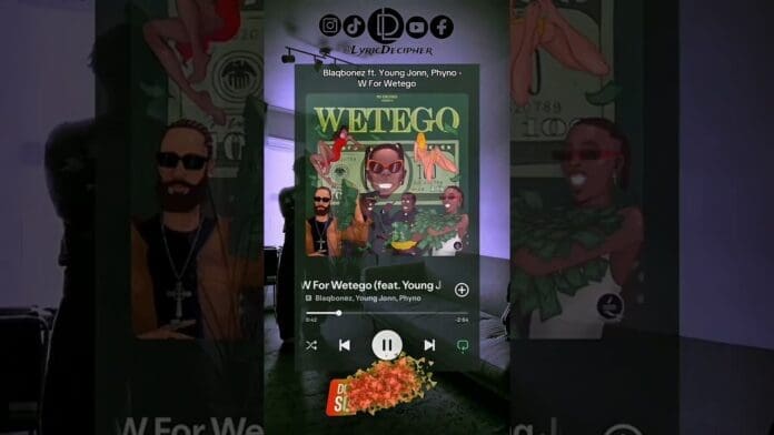 Spotify music player screen displaying "W For WETOGO" by Blaqbonez featuring Young Jonn and Phyno, with album art and playback controls visible in the center—perfect for discovering new songs or your latest TikTok viral favorites.