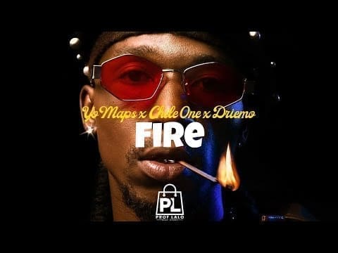 A person wearing red sunglasses holds a lit matchstick in their mouth. The text reads "Yo Maps x Chile One x Drimz FIRE" with an Afrobeat vibe and a "Prof Lalo" logo below.