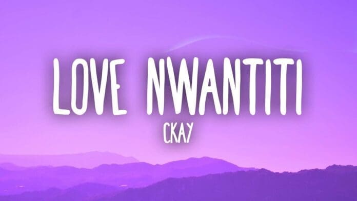 Text "Love Nwantiti CKay" appears in bold white letters on a purple background with mountain silhouettes at the bottom, capturing the iconic vibe of the TikTok Remix.