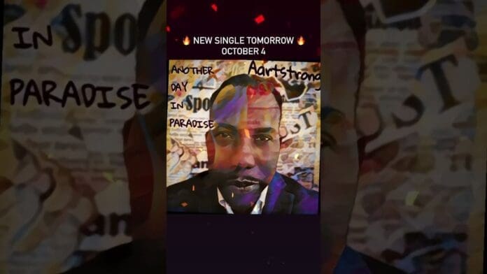 Poster for a new single release on October 4, featuring an illustrated portrait of a man with the text "Another Day in Paradise" and "Armstrong" in the background, celebrating vibrant new music inspired by afropop rhythms.