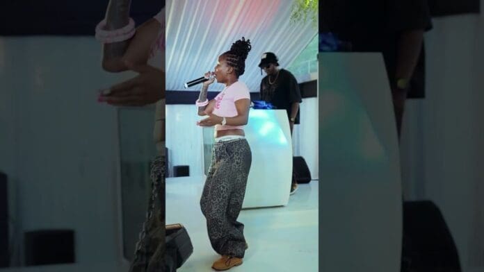 Lwah Ndlunkulu, wearing a pink crop top and patterned pants, sings into a microphone onstage, bringing new music to life as a DJ stands behind the booth in the background.