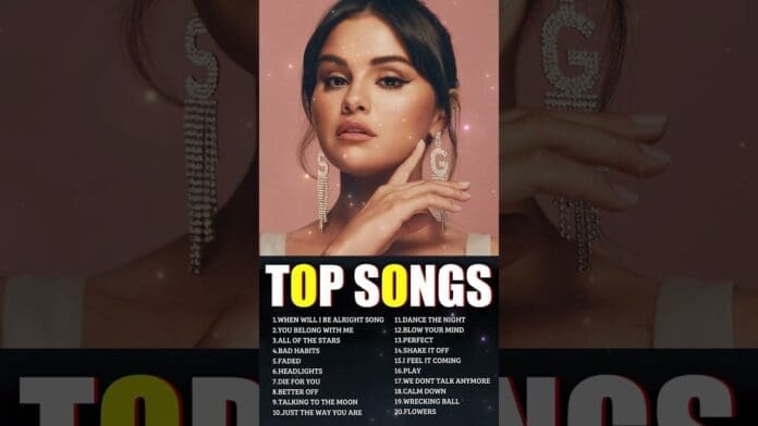 A woman with long earrings and a high bun poses against a pink background. Below her, a list titled "Top Songs" features 20 ranked titles in white and yellow text, highlighting the Latest English Songs 2024.
