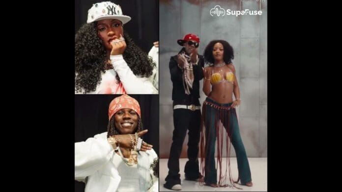 A collage of three images shows Rema and Ayra Starr in hip-hop attire on the left, and a man in a red cap with a woman in a bikini top and beaded pants on the right, evoking the vibrant energy of "Who's That Girl.