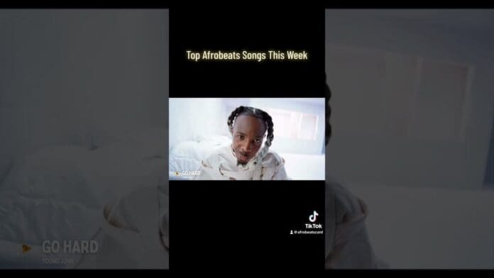 A man with braided hair looks at the camera; text above reads "Top Afrobeats songs This Week" featuring artists like Joeboy and Bnxn. TikTok and @Afrobeatscentral logos are visible.