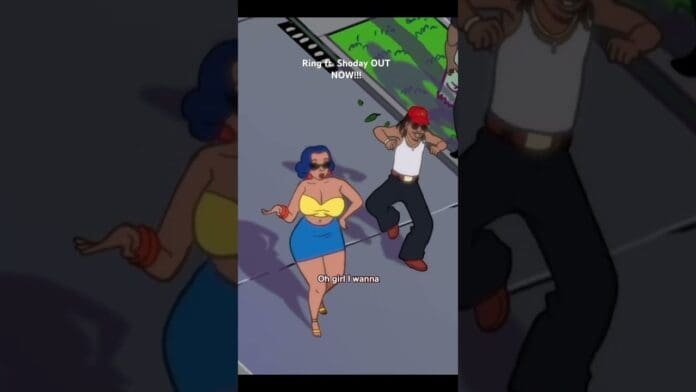 Animated scene of a woman in a yellow top and blue skirt walking ahead of a man in a red cap and sunglasses; text on screen reads "Ring ft. Shoday OUT NOW!! Oh girl I wanna." Check out the new music from officialshoday!.