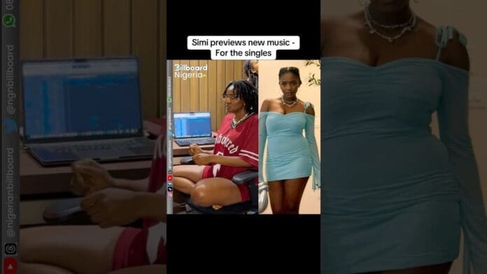 Two women are shown; one is seated at a studio computer in casual clothes, the other stands in a light blue dress. Text reads: “Simi previews new music - Perfect for single friends.”.