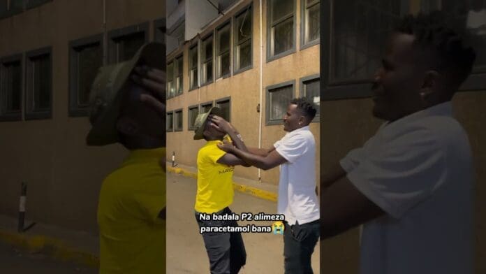 Two men stand outside a building at night; one laughs while holding his head, and the other, in a yellow shirt, touches his hat. Swahili text, a crying emoji, and references to afrobeat songs appear on the image.