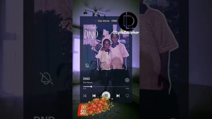 A Spotify music player shows the song "DND" by Dai Verse, highlighting fresh Nigerian music. Its cover art features two children, and the username @LyricDeficher appears on the right side of the image. Perfect for new music recommendations from Nigerian artistes.