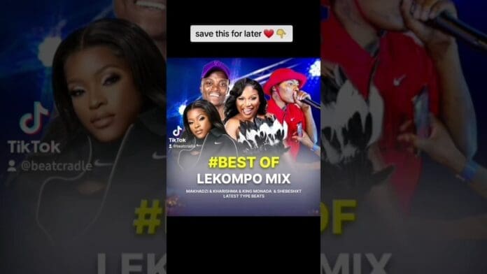 A promotional graphic for "Best of Amapiano & Lekompo mix 2024" featuring shebeshxt x Makhadzi x Kharishma, TikTok username @beatcradle, and text encouraging users to save the mix for later.