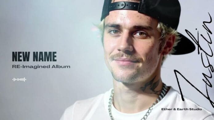 A young man with light hair, a mustache, and tattoos wears a black cap backwards and a white shirt; text reads “NEW NAME RE-Imagined Album” with Afrobeat and Christian Pop influences, and “Justin Bieber” with studio credits.