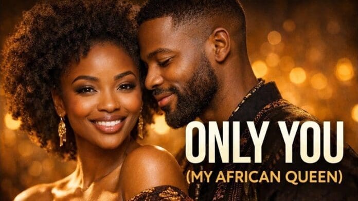 A man and woman smiling, sharing a moment like an African Queen in a Romantic Afrobeats scene.