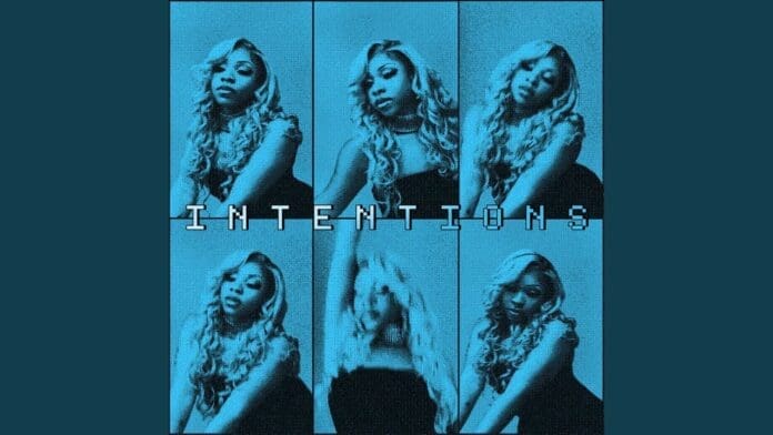A collage of six blue-tinted photos of a woman with long, wavy hair, with the word "INTENTIONS" in bold white text across the center, captures the soulful vibe of Urban Chords music.
