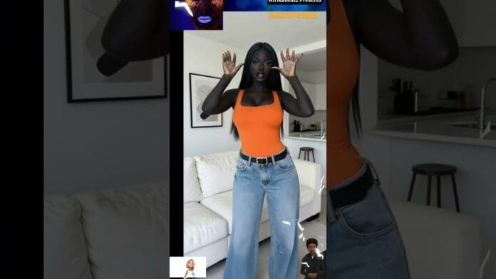 A woman in an orange tank top and blue jeans stands in a modern living room, hands raised near her head, palms forward, as SJEPA Amapiano music sets the mood.